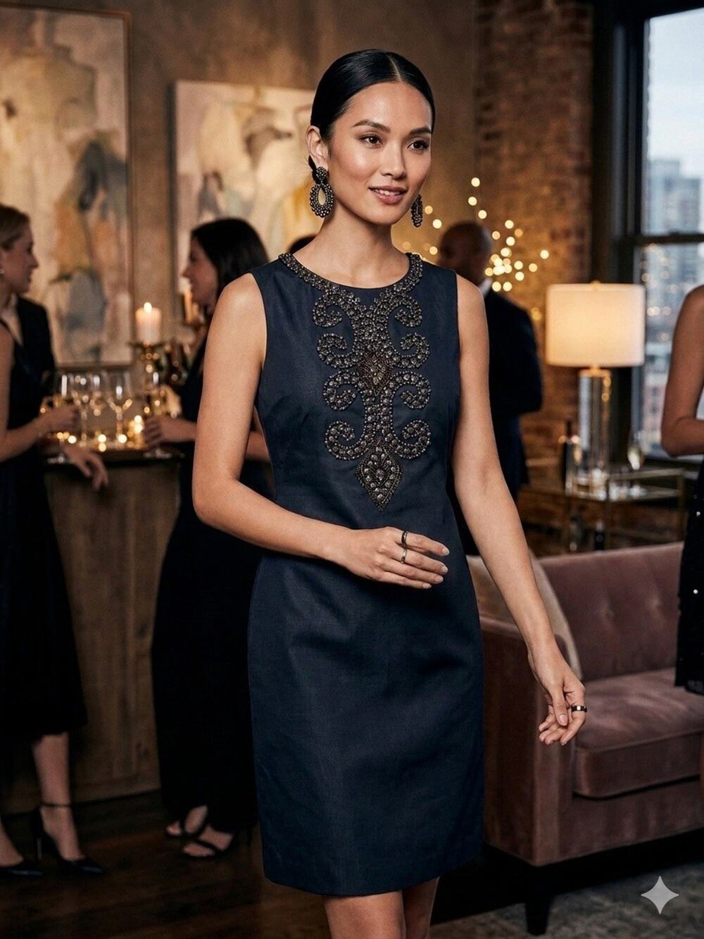 Ellen Tracy Beaded Sleeveless Sheath Dress Womens 8 Blue Back Zip Cocktail Party